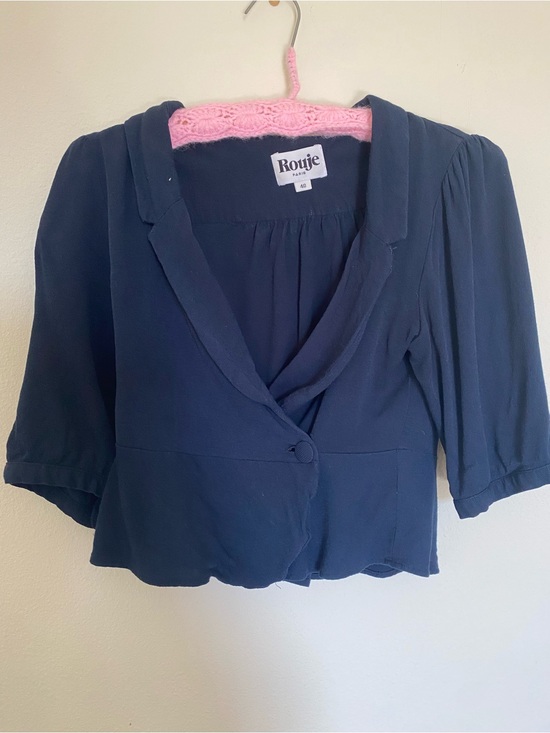Rouje Tops - Rouje Navy Cropped Wrap Blouse with Notched Lapel